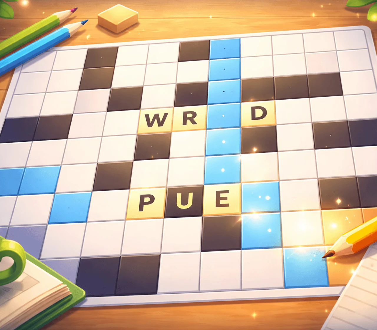 Illustrated crossword puzzle board with green tiles and pencil