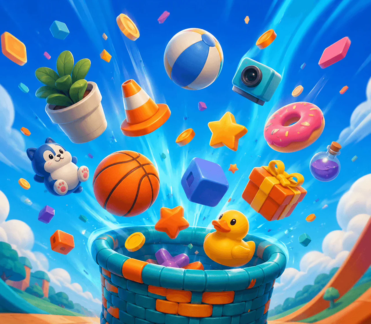 Illustrated falling objects game with stars, gems, and fruit dropping into a basket