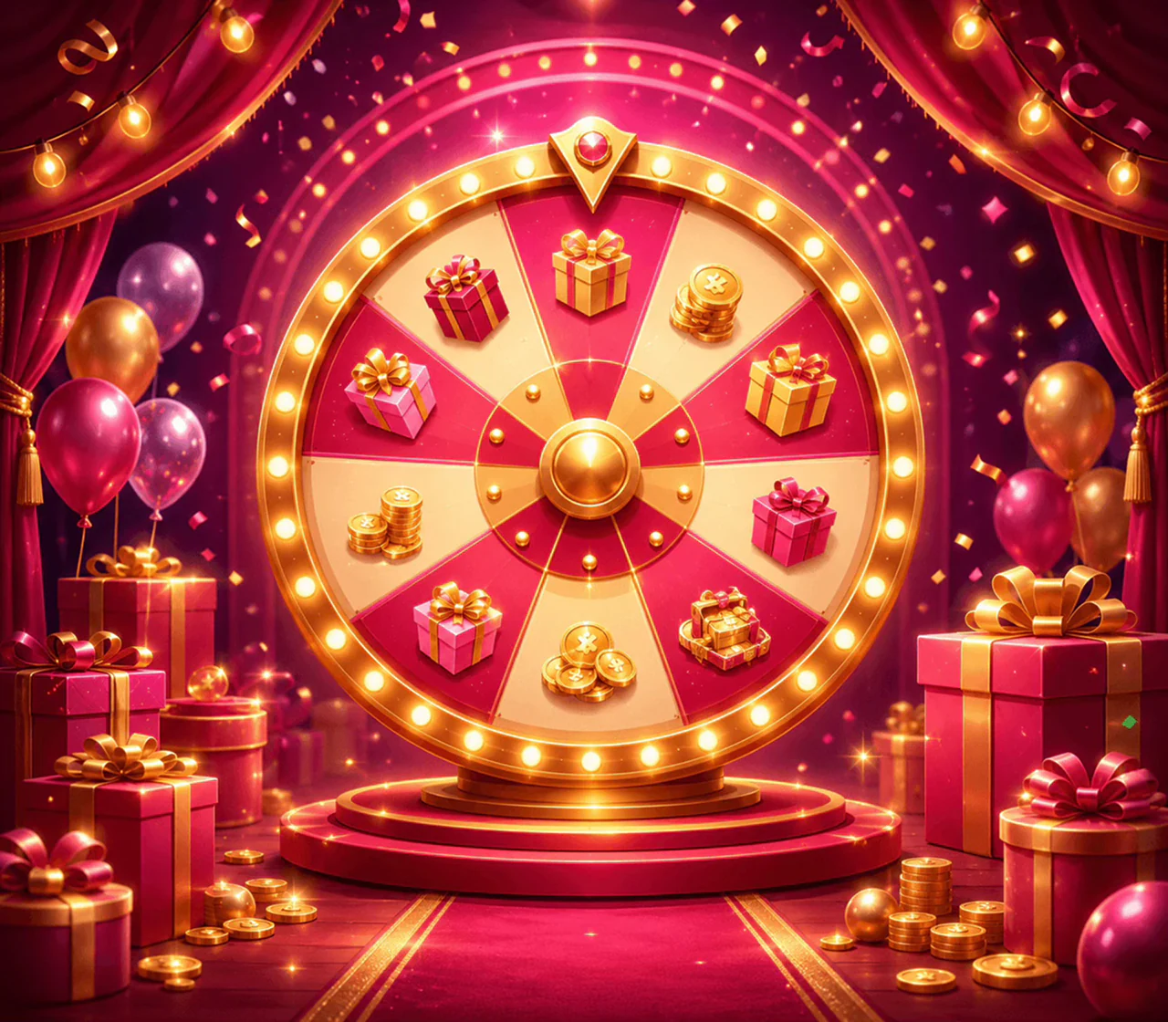 Illustrated prize wheel with gifts, coins, and star rewards