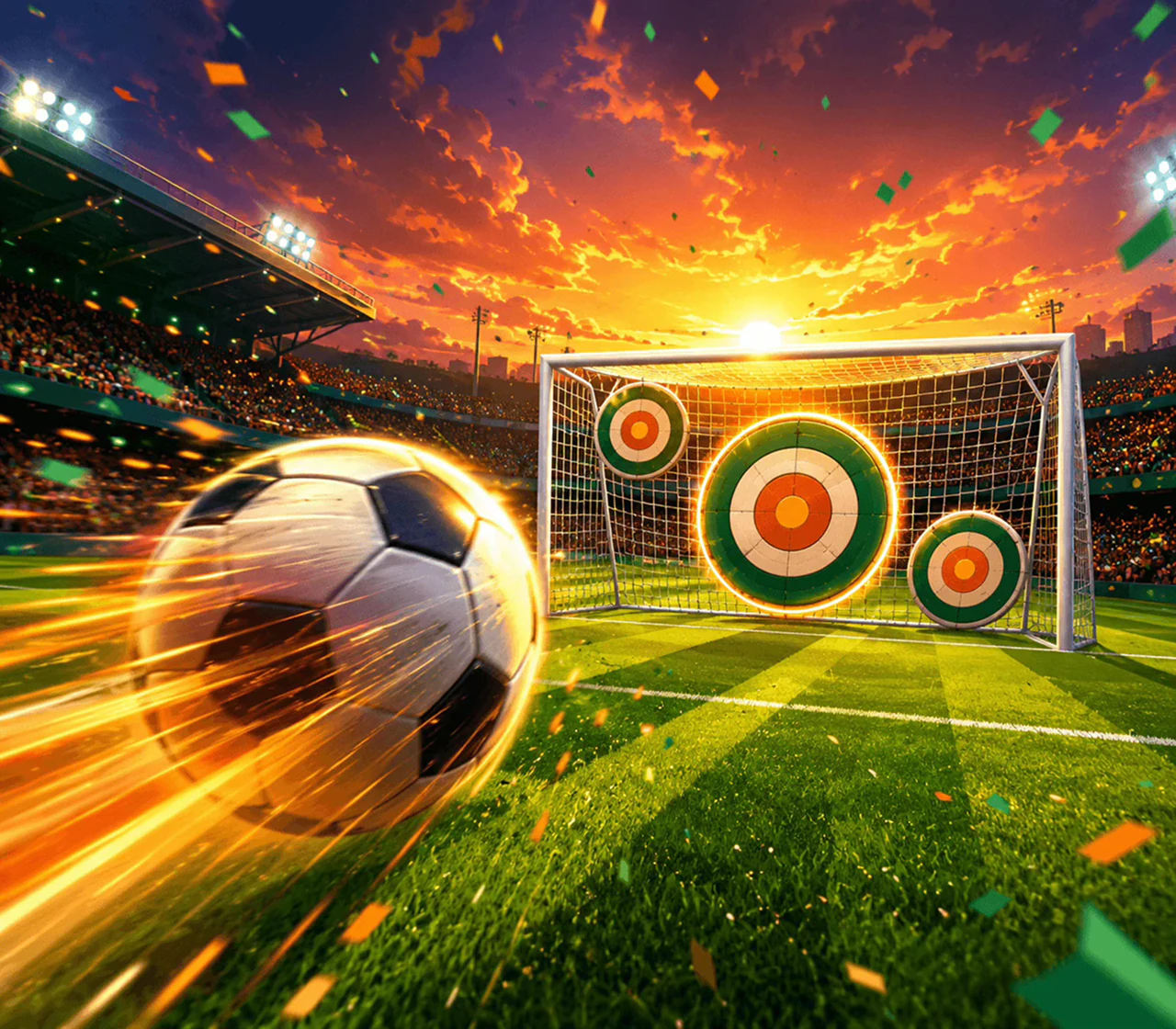 Illustrated soccer ball flying toward targets inside a goal