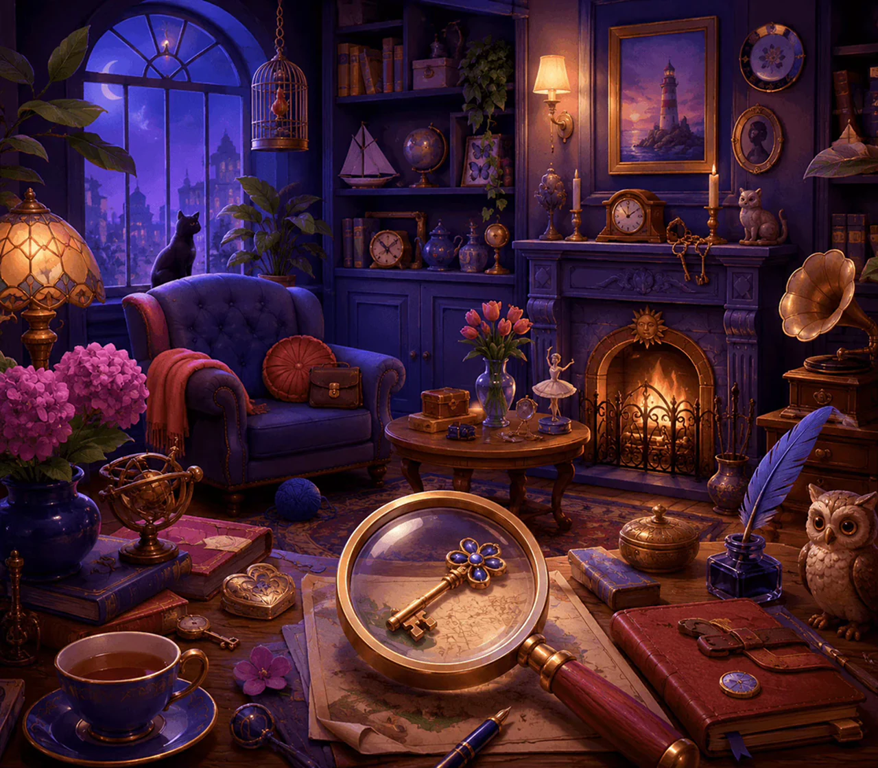 Illustrated hidden objects scene with magnifying glass and key