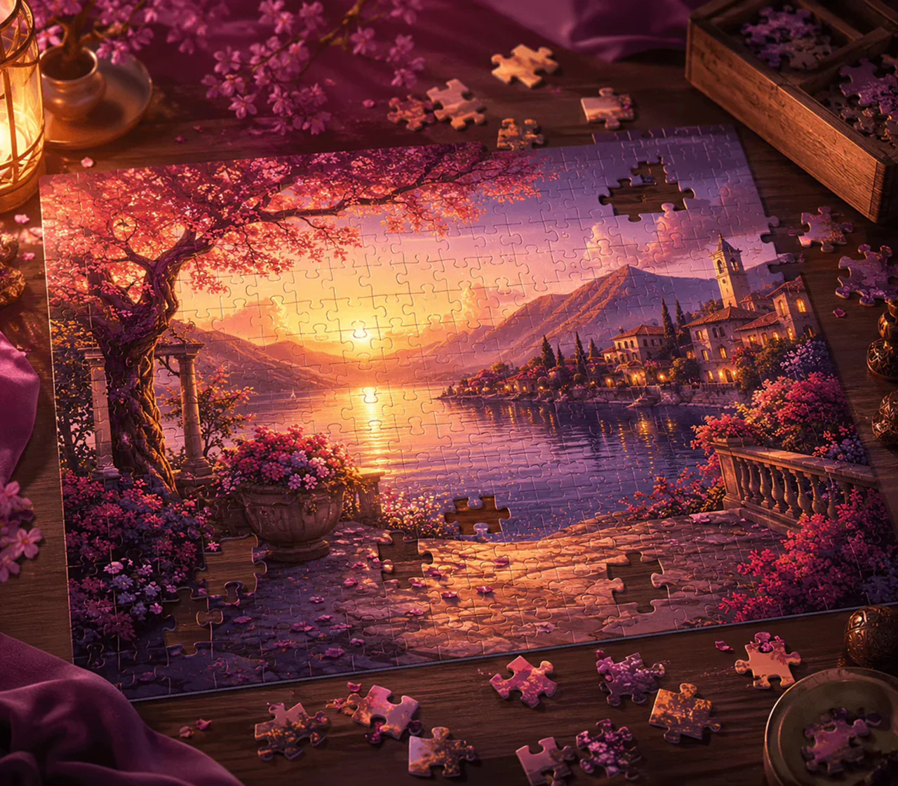 Illustrated landscape jigsaw puzzle with several missing pieces