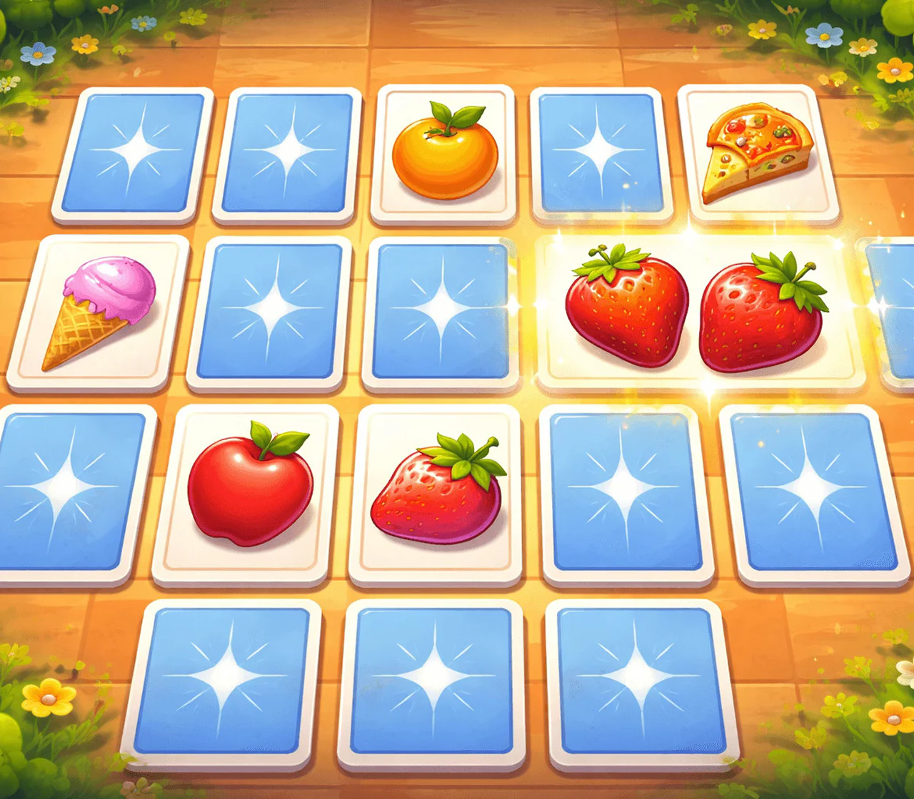 Illustrated memory game board with matching fruit and dessert cards