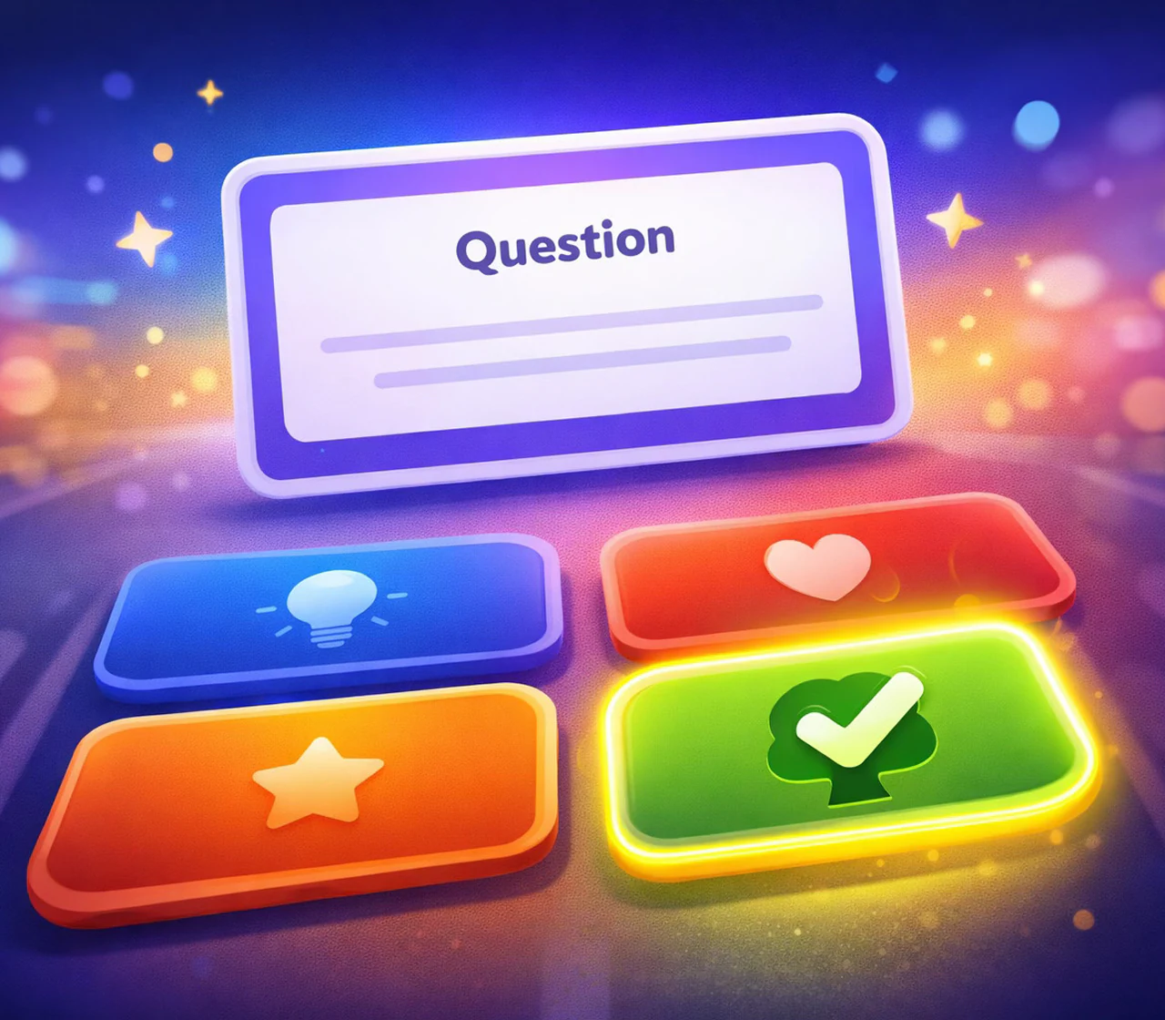Illustrated quiz interface with question mark and answer choices