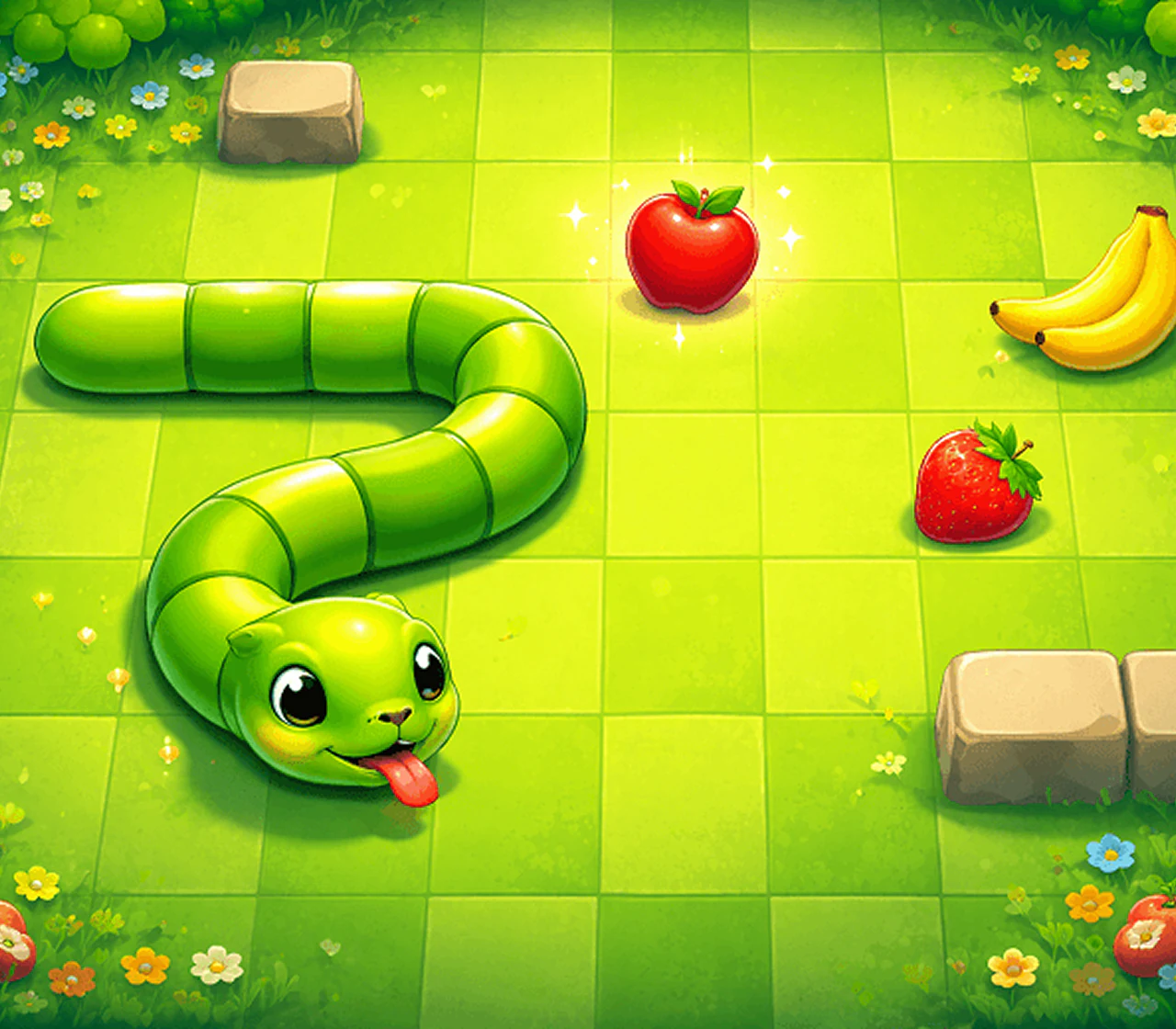 Illustrated green snake game with fruit and stone obstacles